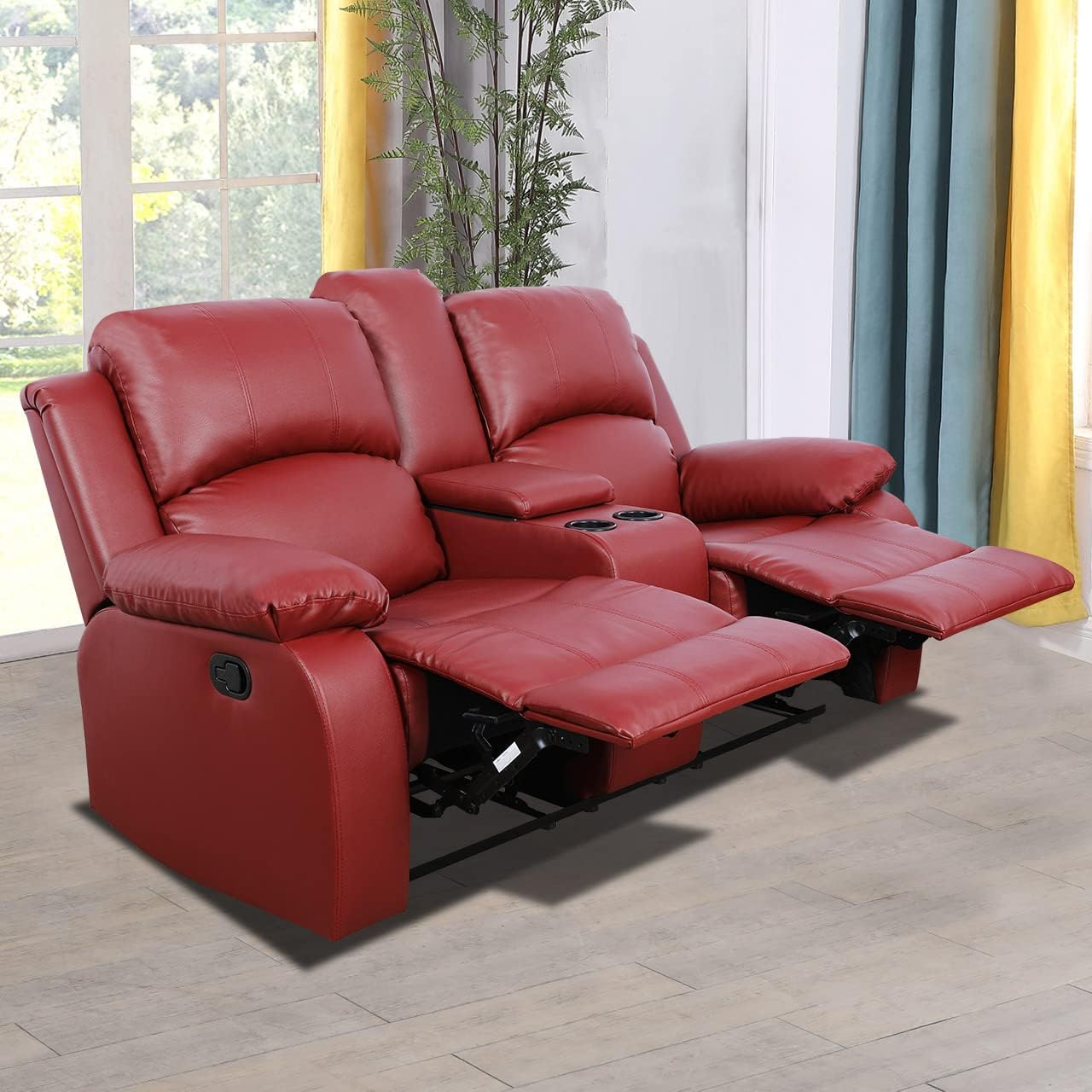 2 Seaters Recliner Loveseat, Leather Reclining Couch with Cup Holder and Center Console for Living Room/Apartment/Office, Red
