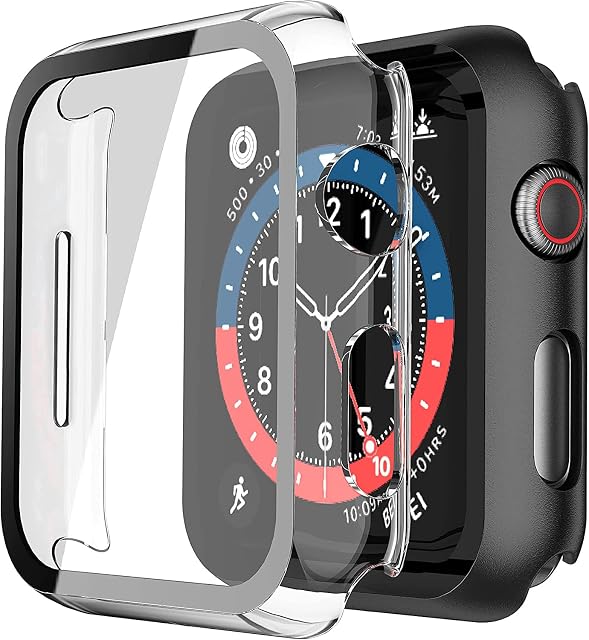 Misxi 2 Pack PC Case with Tempered Glass Screen Protector Compatible with Apple Watch Series 6 SE Series 5 Series 4 44mm, Overall Shockproof Protective Cover for iWatch, 1 Black + 1 Transparent