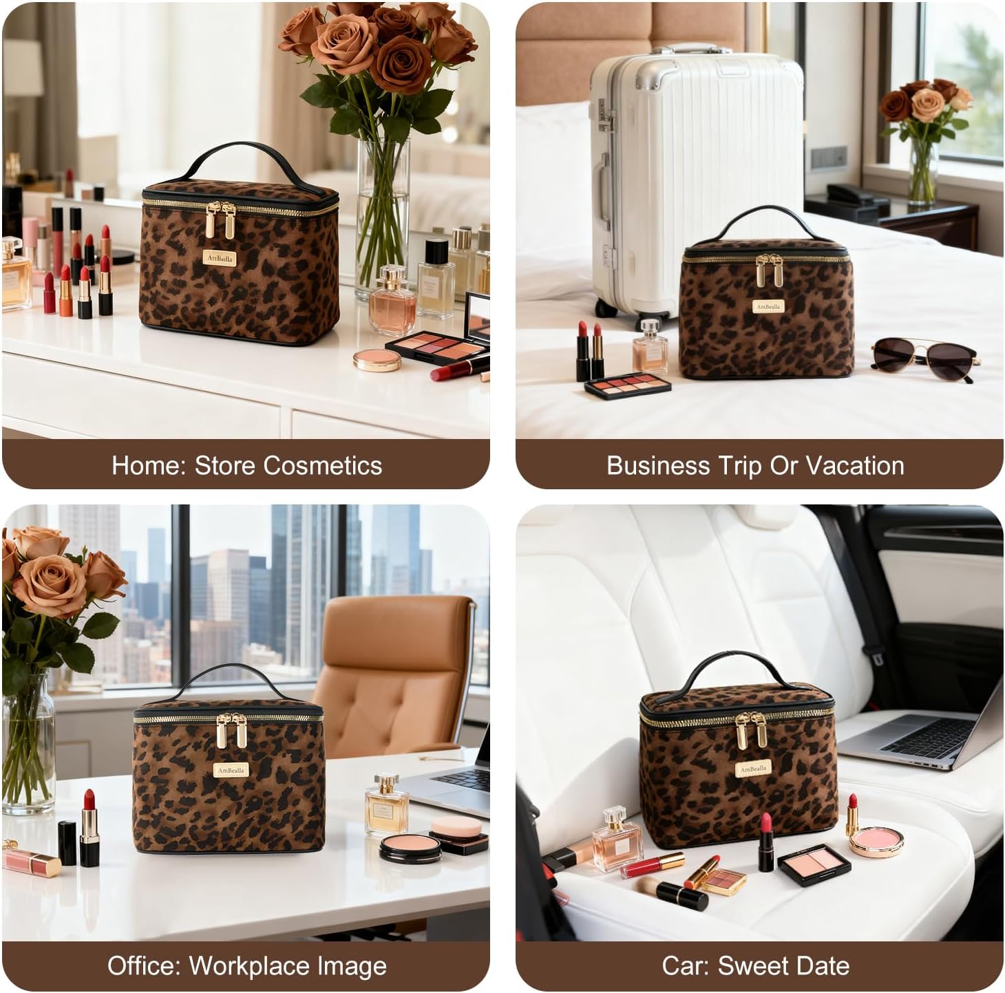 AmBealla Large Makeup Travel Bag Cosmetic Bags with Makeup Mirror and Brush Holder,Makeup Organizer Leopard Print for Women,Portable Toiletry Bag for Fashion Girls - Image 4