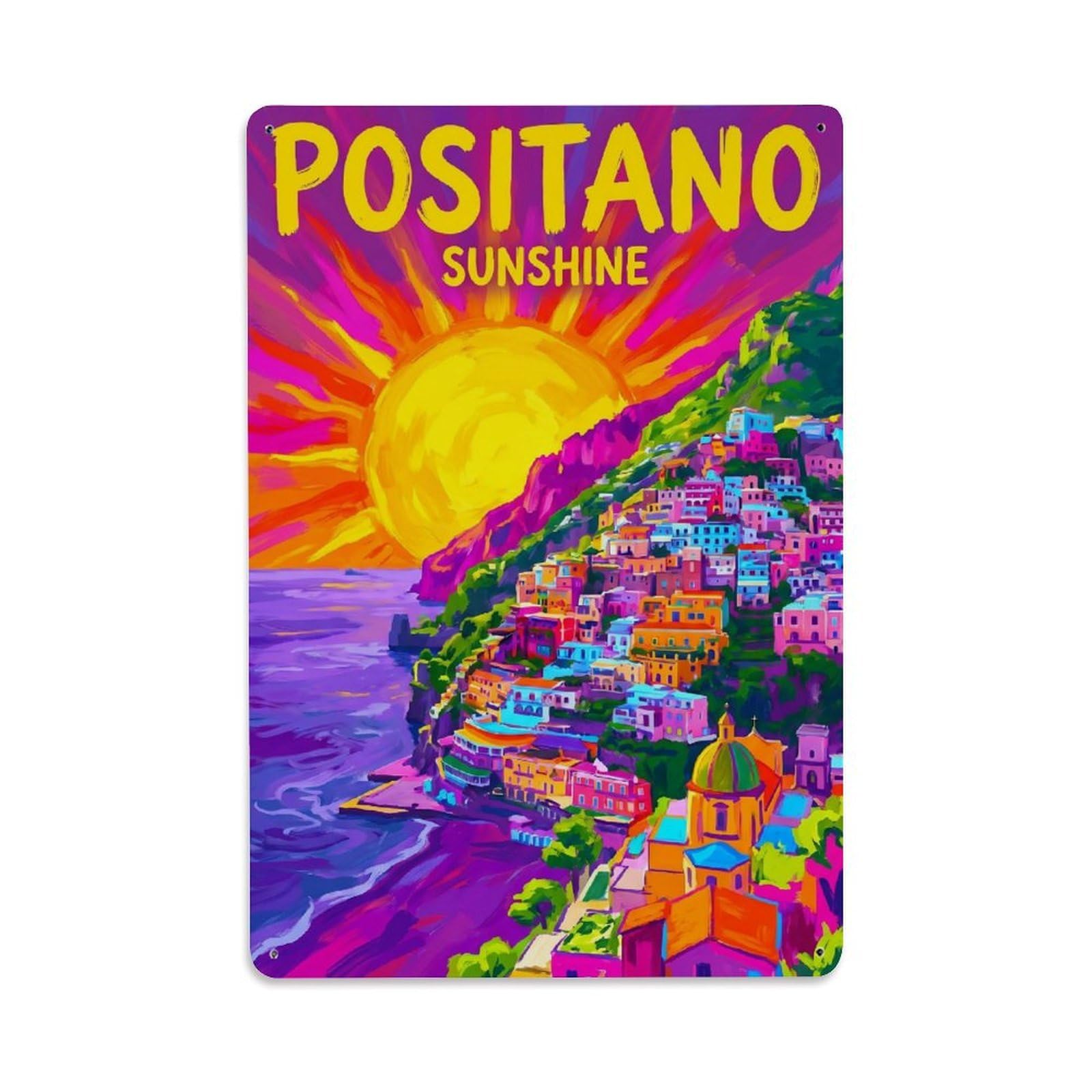 Vintage Travel Positano Italy Sunshine Metal Tin Sign Plaque Wall Decor for Cafe, Club Bar, Office, Garden Metal Poster 8x12Inch