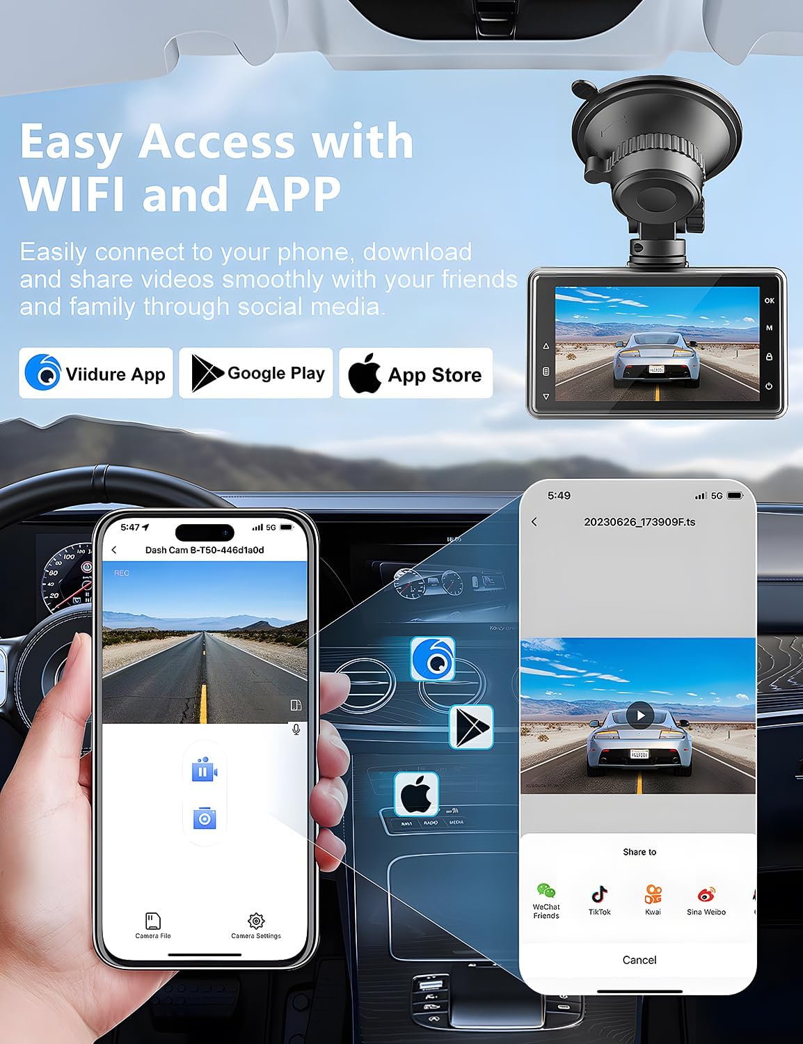 Smartphone displaying the Viidure app interface connected to the dash cam, showing options for viewing and sharing videos.
