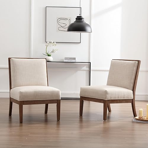 Miniatura 6 de BESTANO Comfy Accent - Silla de lectura, silla tapizada sin brazos con patas de madera natural para sala de estar, dormitorio, lino beige