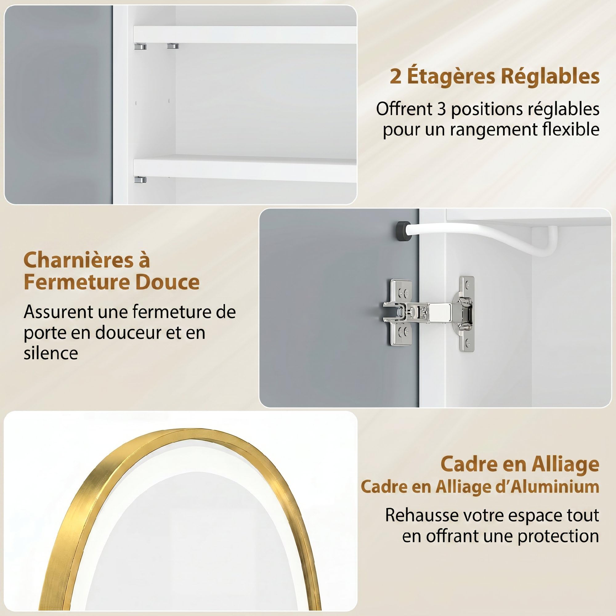 HOMCOM Armoire Murale Salle de Bain avec Miroir et Éclairage LED, 50x14,5x70cm, Meuble Salle de Bain à Porte Ovale Alliage d'Aluminium, Anti-Buée, 3 Températures de Lumière, Étagères Réglables, Doré