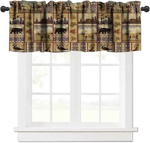 Cenefa de ventana rústica de alce y ciervo, estilo vintage de casa de campo, pino, oso marrón, alce, cortina de ventana para cocina, dormitorio,