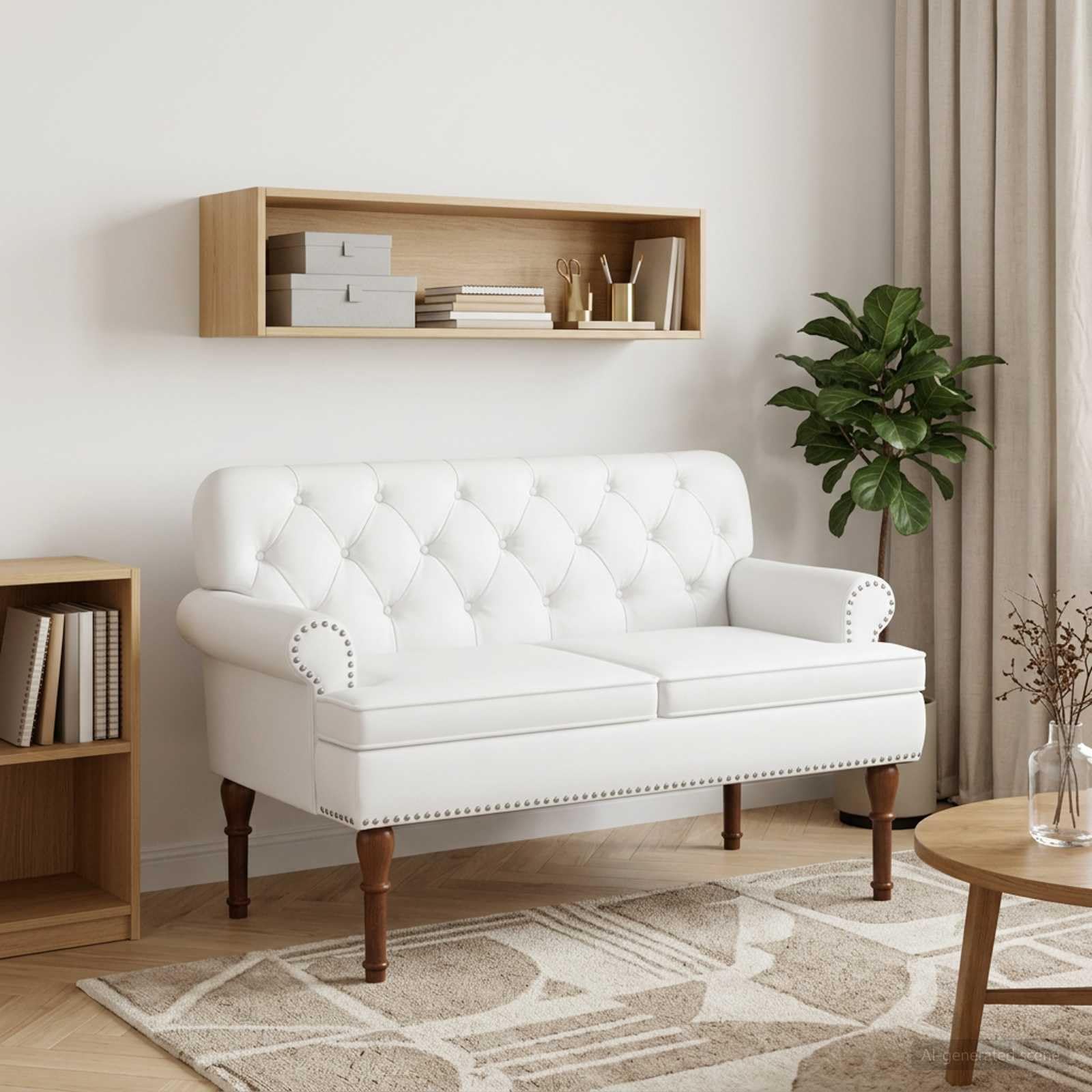 Makastle Canapé Love Seat avec capitonnage en Boutons Blanc Simili Cuir