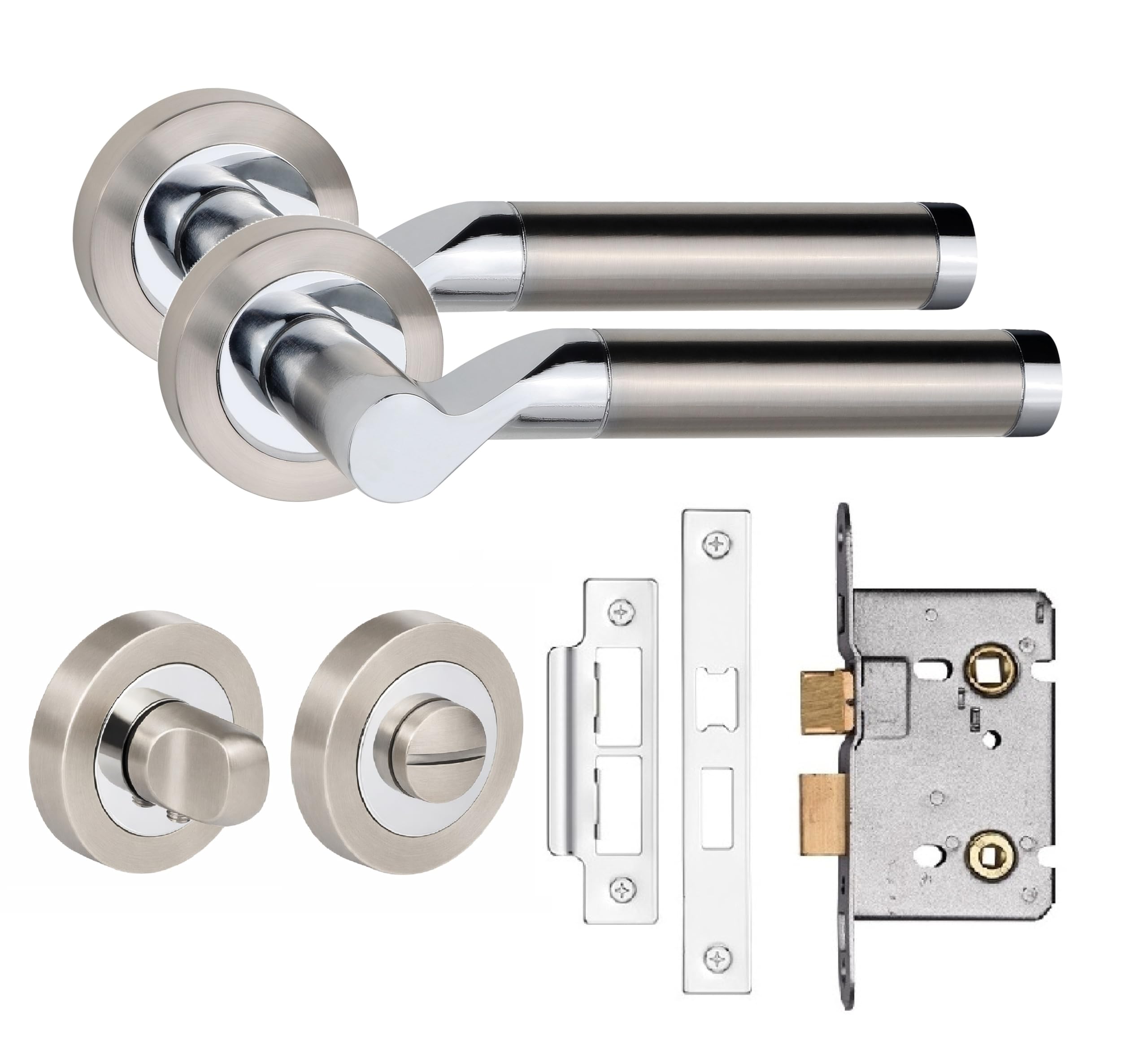 Golden Grace Duo Finish Satin Nickel Polished Chrome Titan Design Bathroom Wc Toilet Door Handles Set On Round Rose In Satin Nickel Polished Chrome Finish With 64Mm Bathroom Mortise Lock & Thumbturn