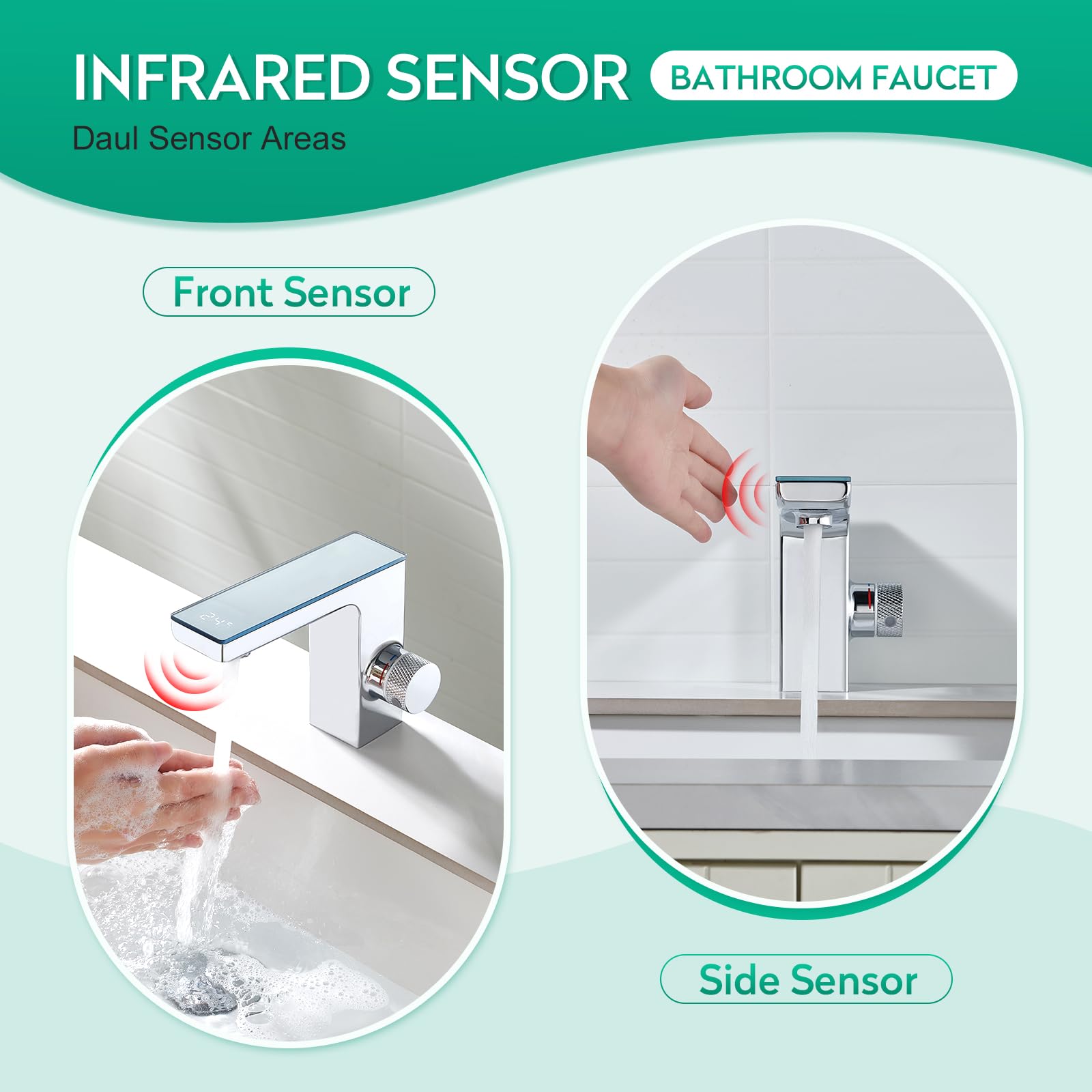 CREA Mitigeur de Salle de Bains Infrarouge, Robinet Lavabo Automatique à Infrarouge avec Température écran D'affichage Numérique, Mitigeur Lavabo Touchless, Chrome