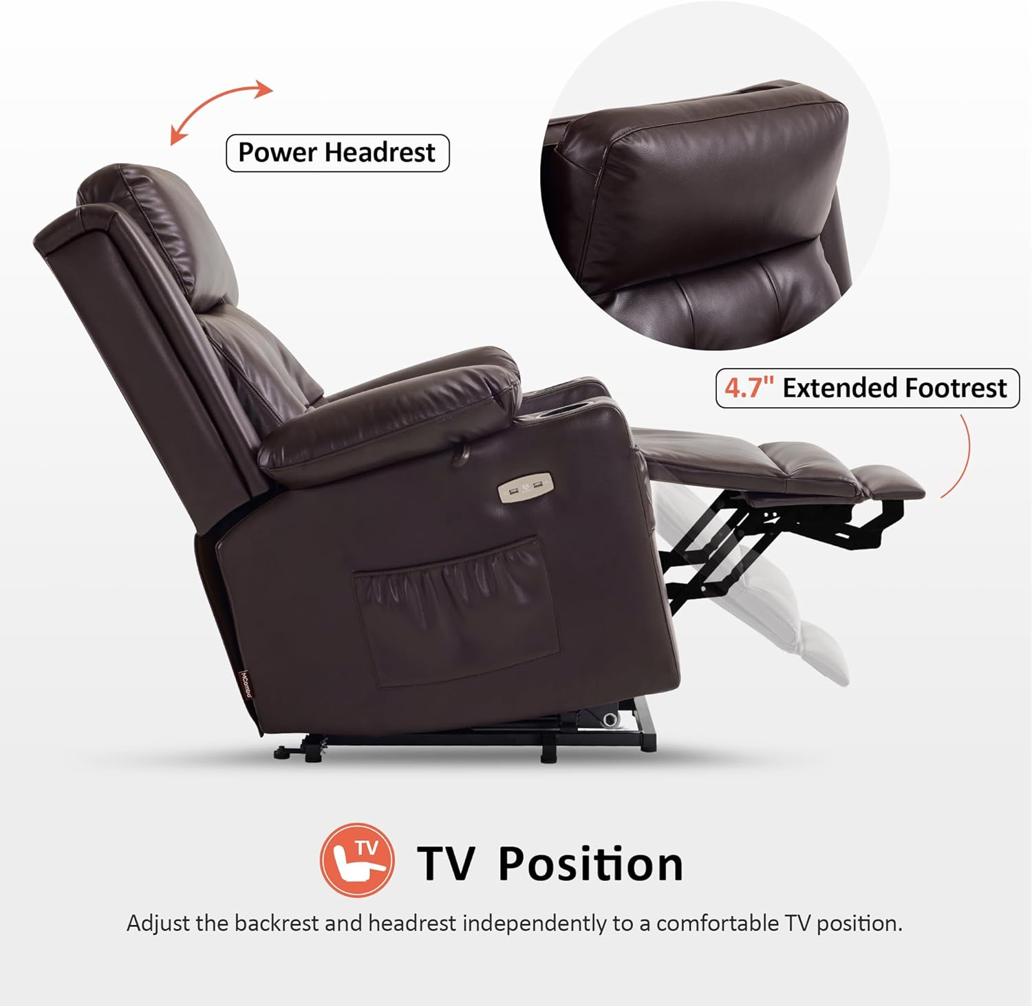 MCombo Large Triple Motor Power Lift Recliner Chair with Massage and Heat for Elderly People, Adjustable Headrest, Infinite Position, USB Ports, Faux Leather 7662 (Dark Brown, Large)
