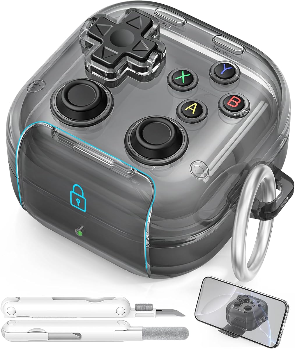 para Samsung Galaxy Buds 4 Pro/Galaxy Buds 4 (negro transparente) | con cerradura de seguridad, con botón presionable, como soporte para teléfono, estuche de regalo divertido y genial, para mujeres y hombres, para aliviar el estrés