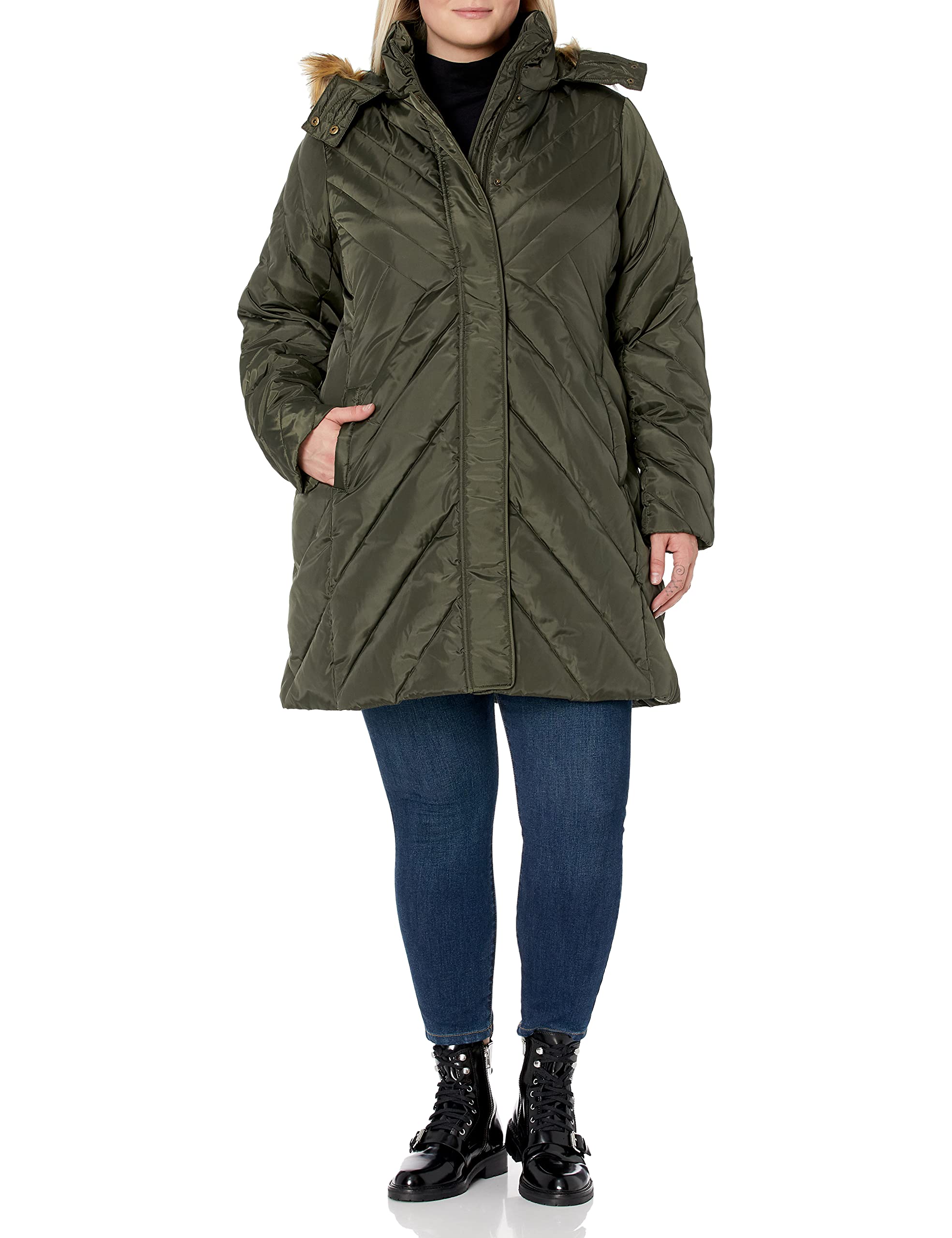 Larry LevineWomen's Plus-Size Mid-Length Coat with Faux Fur-Trim Hood