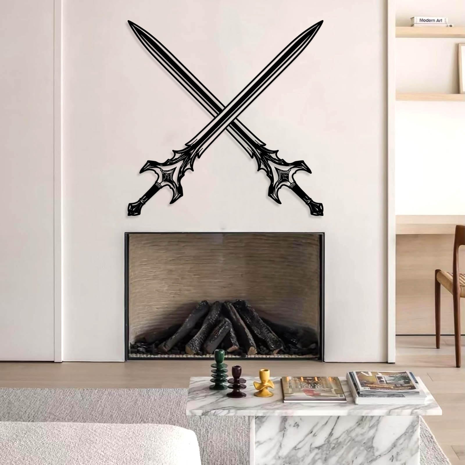 Decorazione murale in Metallo Nero a Forma di Spada Incrociata, Armatura Medievale da Cavaliere, Scultura Moderna per Soggiorno, corridoio e Scale (Nero 89 cm x 89 cm)