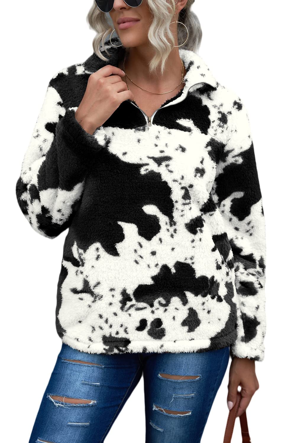 EARKOHA Womens Large Long Sleeve Casual Zip Collar Cow Print Fleece Jacket Tops