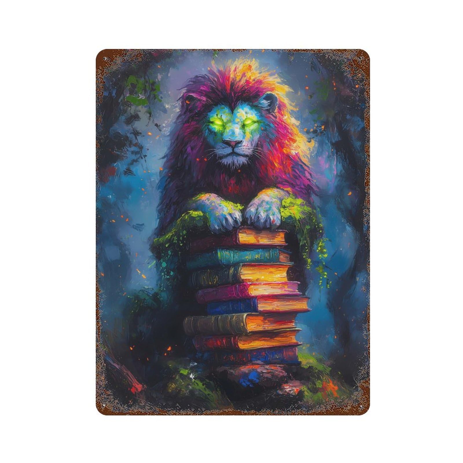 Vintage Rust Metal Sign Lion And Books 15.7"x11.8", Shabby Chic Decor for Cafe, Home Bar And Lounge Decor