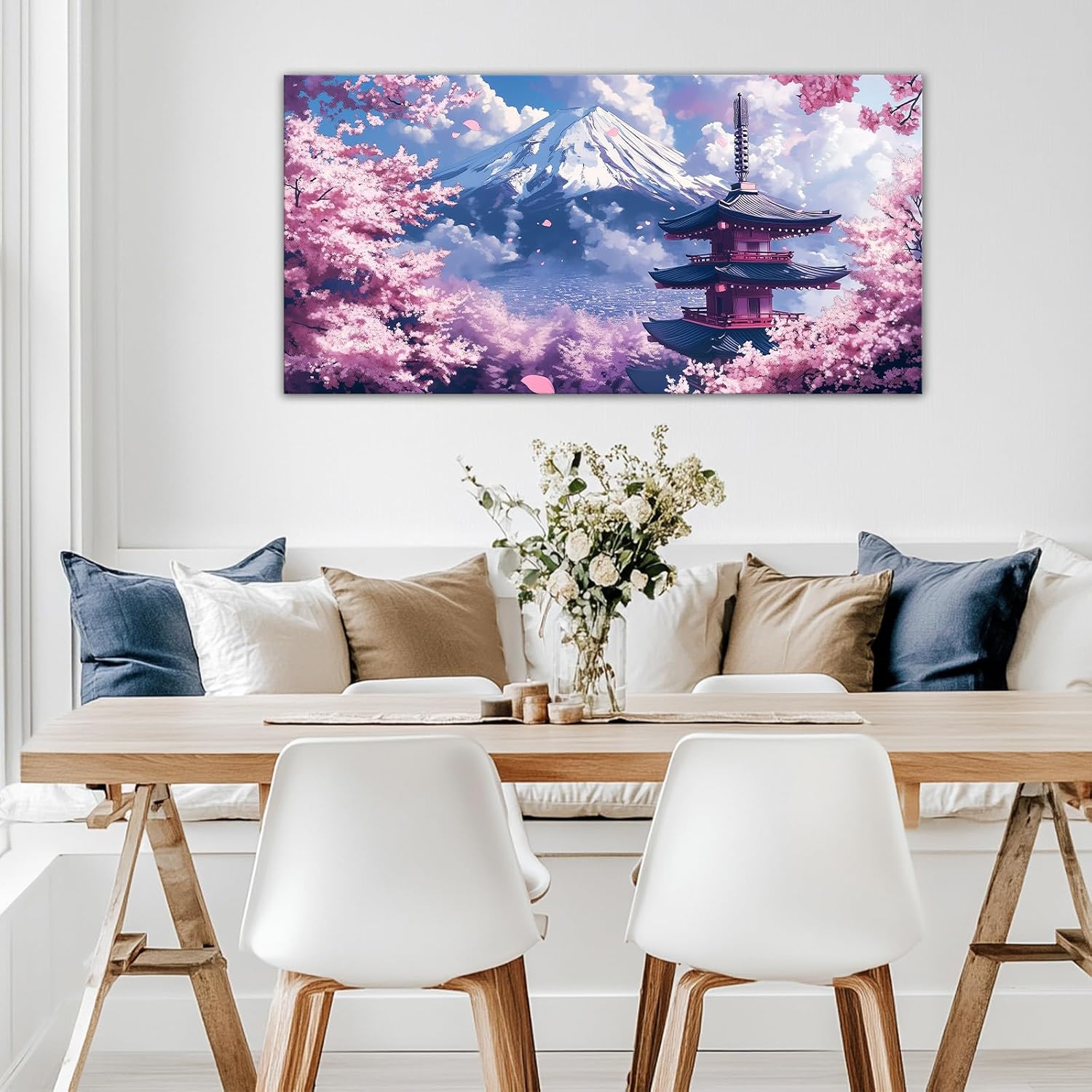 Large Canvas Wall Art Mount Fuji and Cherry Blossom Picture Wall Decor Colorful Japanese Landscape Painting Framed Artwork for Living Room Bedroom Decor Framed(Artwork-2,12"x24")