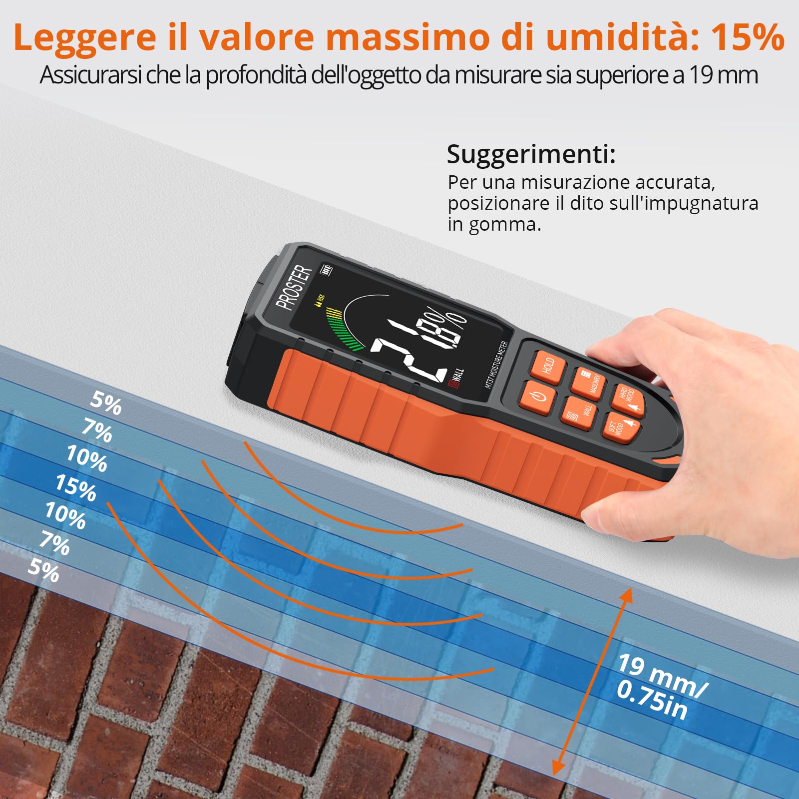 Proster Misuratore di Umidità Digitale da Parete Rricaricabile Rilevatori di Umidità Muri Igrometro Professionale Senza Ago con LCD a Colori e Allarme Acustico Muro Muratura Legno Tenero e Duro