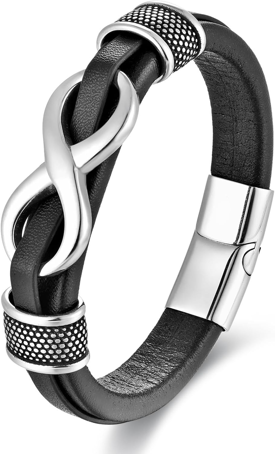 Infinity Bracelet for Men,Stainless Steel Silver/Black Men Infinity Leather Bracelet Wristband Cuff Bracelet 21 cm / 8.26 inches