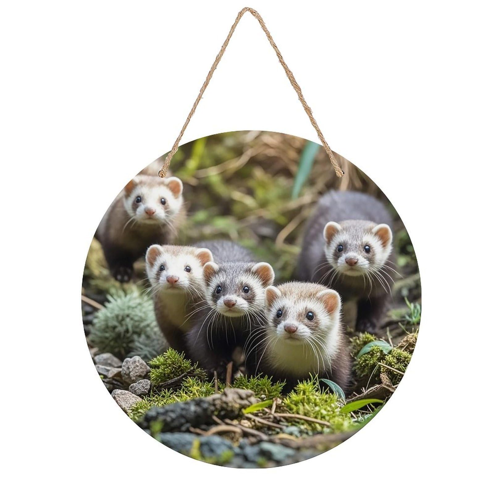 FekiLoot Round Ferrets Wall Art Decor Painting Wooden Hanging Sign with Ropes Bohemian Wall Hanging Retro Mid Century Modern Wall Art for Home Bedroom Living Room 7.9x7.9 in