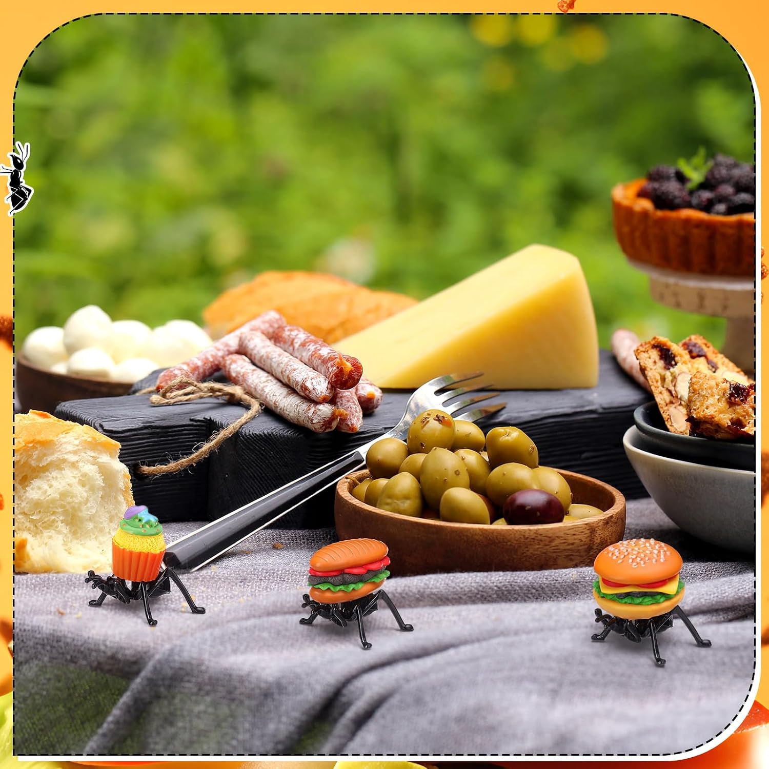 GlikCeil 3 Pcs Fake Ants Carrying Food Decor Summer Picnic Cookout BBQ Party Decoration Tiered Tray Decor for Spring Summer Picnic Favor
