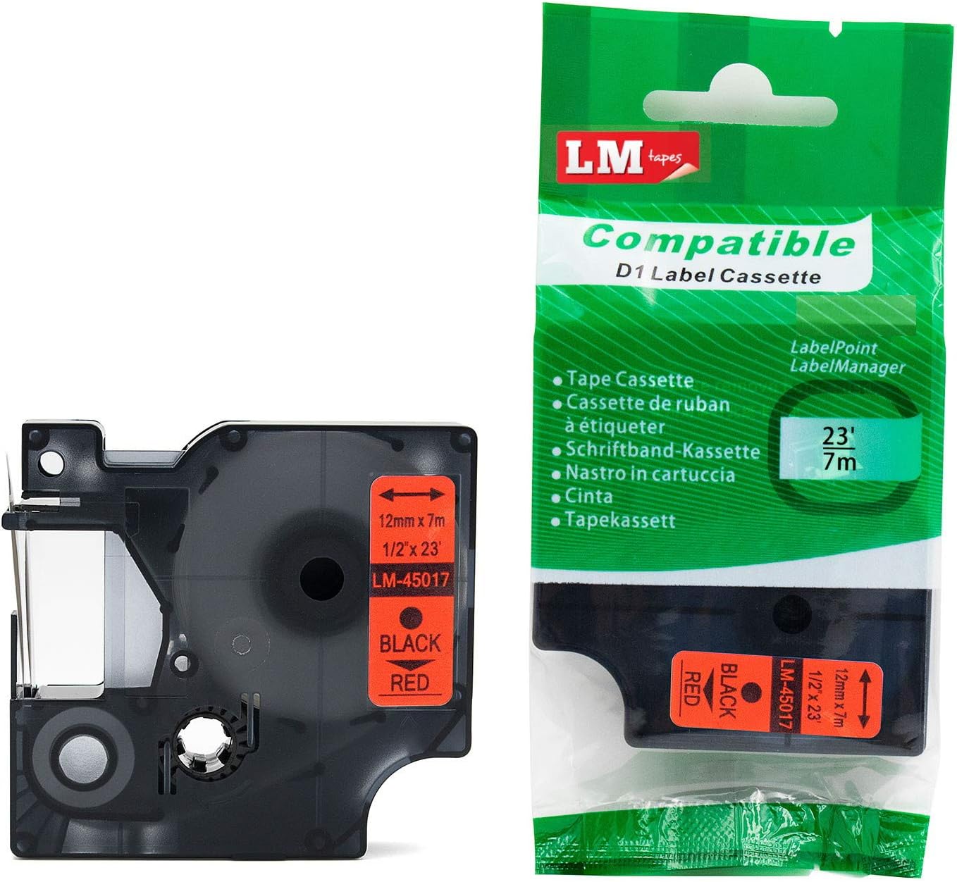 6/Pack LM Tapes - Premium LM-45017 1/2" Black on Red Label Maker Tape, Compatible with Dymo 45017 D1 Label Tape 12mm