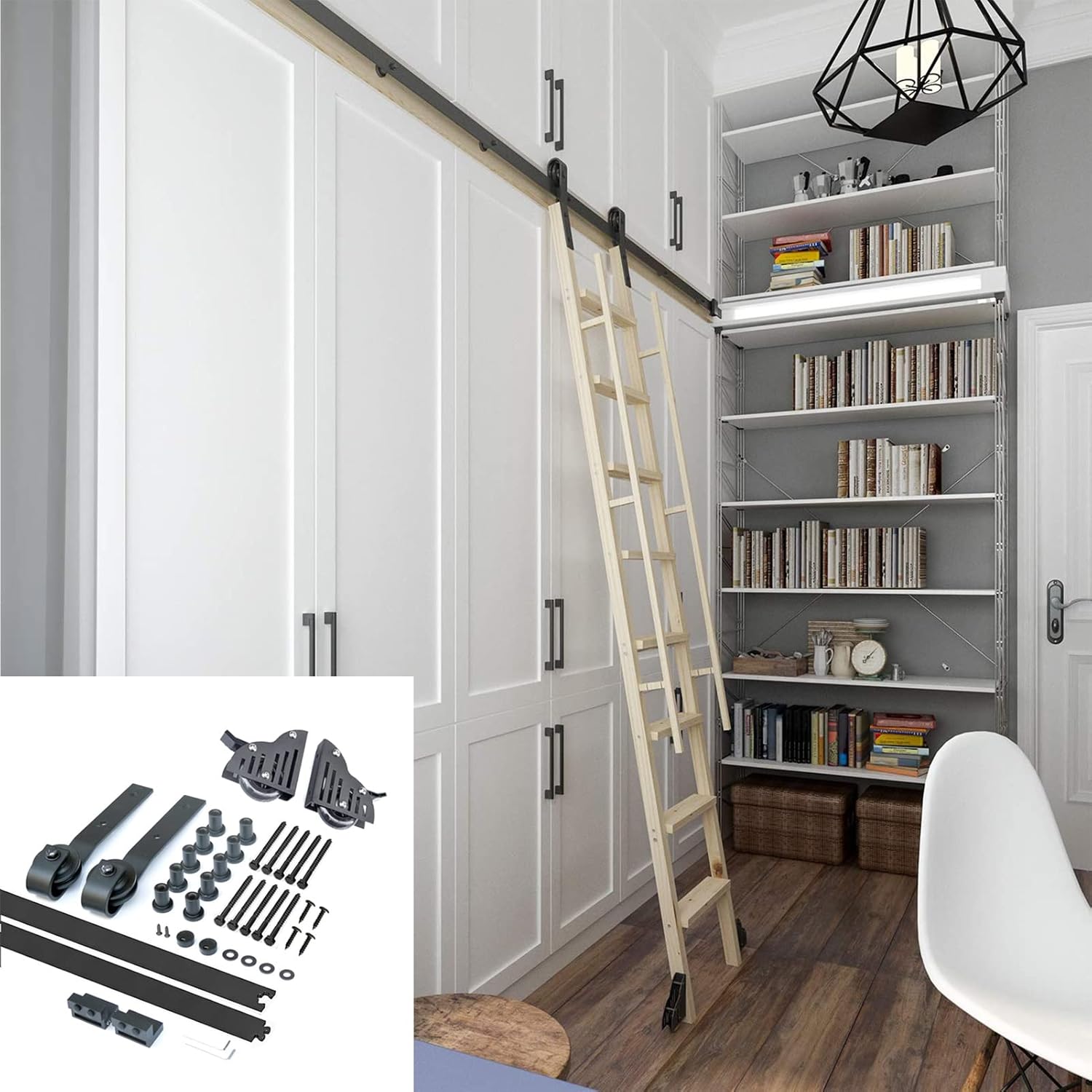 Sliding Ladder Hardware Kit, Black Steel, 300cm (9.8 ft) Track Kit, Library Rolling Ladder, 441 lbs Load Capacity