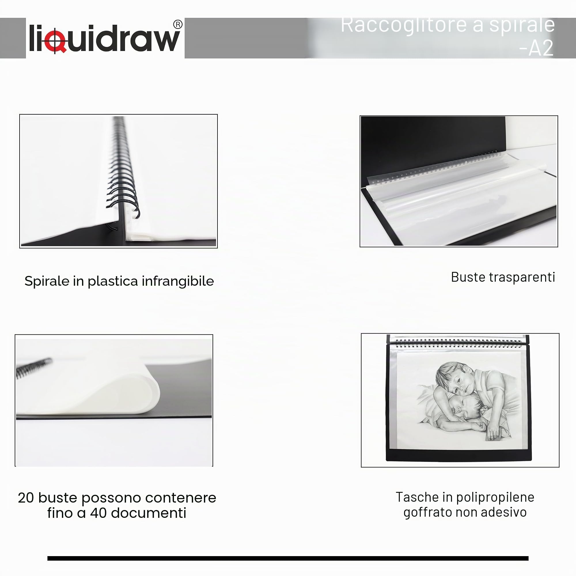 Liquidraw A2 - Custodia a portafoglio per artisti, con 20 inserti, raccoglitore a spirale