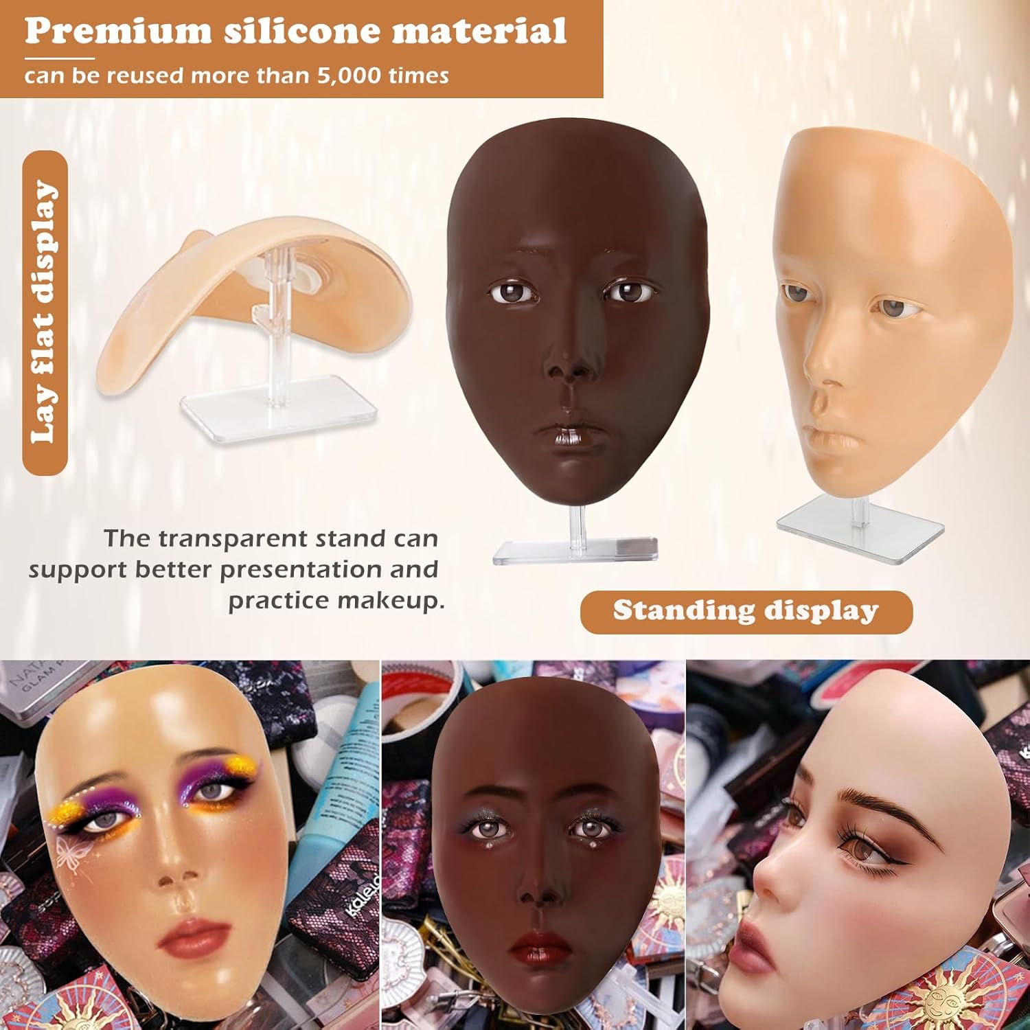 Makeup Mannequin Face Kit, Silicone Face for Makeup Practice Full Face for Must Haves, Mannequin Eye Face for Makeup Practice with Makeup Brushes Set & Eye Shadow & Eyebrow Pencil(Wheat) - Image 3