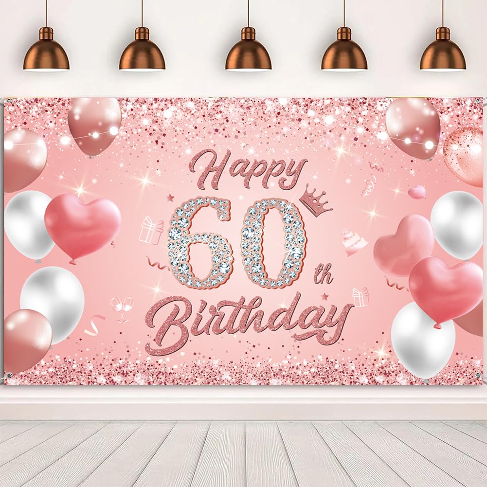 Happy 60th Birthday Banner Rose Gold 1.1 x 1.8m Happy Birthday Banner Backdrop 60th birthday Decorations for Girls Women, 60 Years Old Anniversary Party Supplies