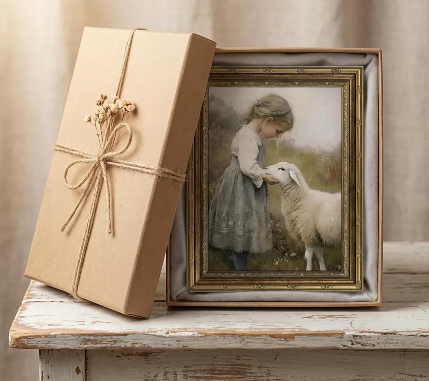Gold Framed Vintage Aesthetic Girl With Sheep Wall Art Rustic Farmhouse Print Poster Artwork Sheep Cottagecore Wall Decor for Living Room Bedroom Bathroom Decoration 12x16in