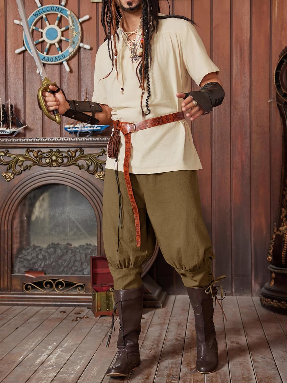 Runcati Mens Pirate Shorts Medieval Renaissance Banded Pants Viking Navigator Halloween Costume - Image 4