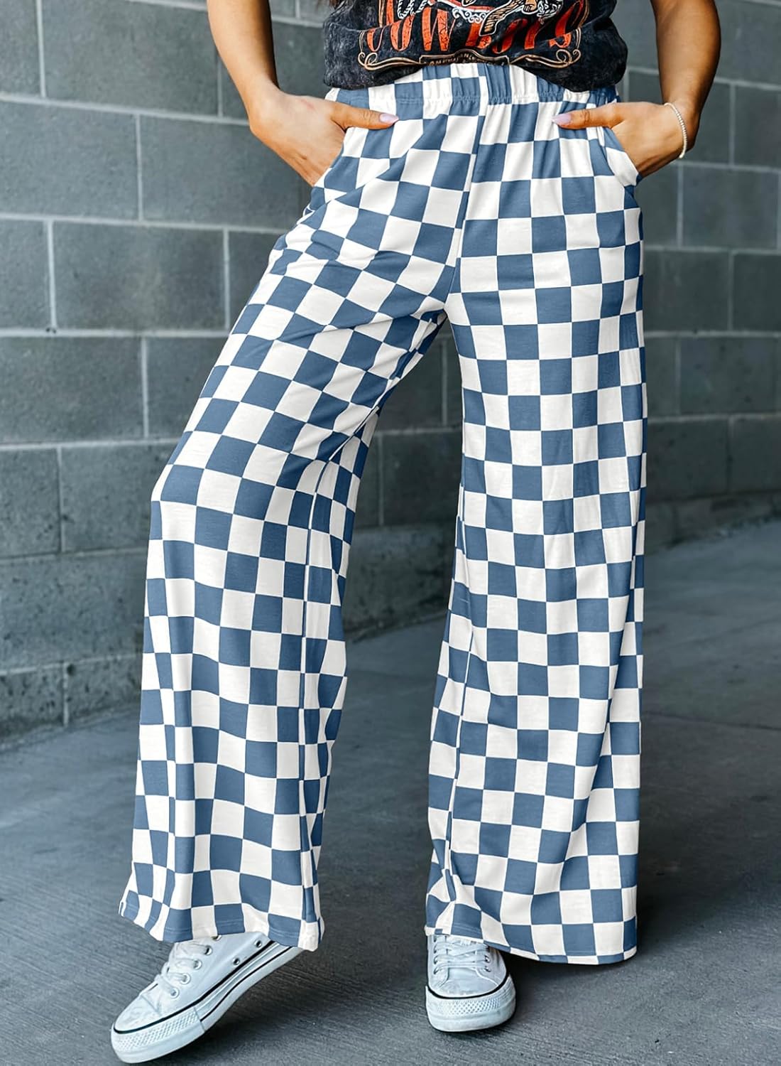 Acelitt Womens Casual Checkered Pants Elastic Waist Comfy Loose Wide Leg Pants with Pockets - Image 4