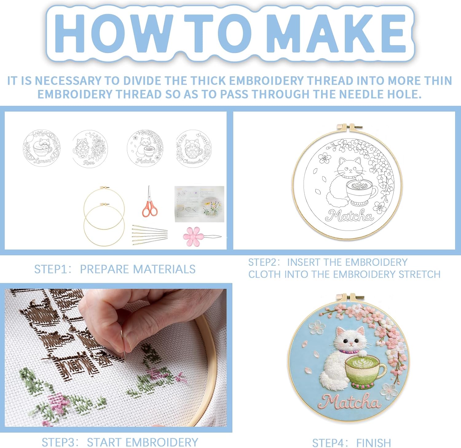 FREEBLOSS 4 Sets Embroidery Kit for Beginners Needlepoint Embroidery Starter Kit with Cats and Tea Stamped Pattern, Instructions, Colored Threads, 2 Hoops 7.9"/20cm
