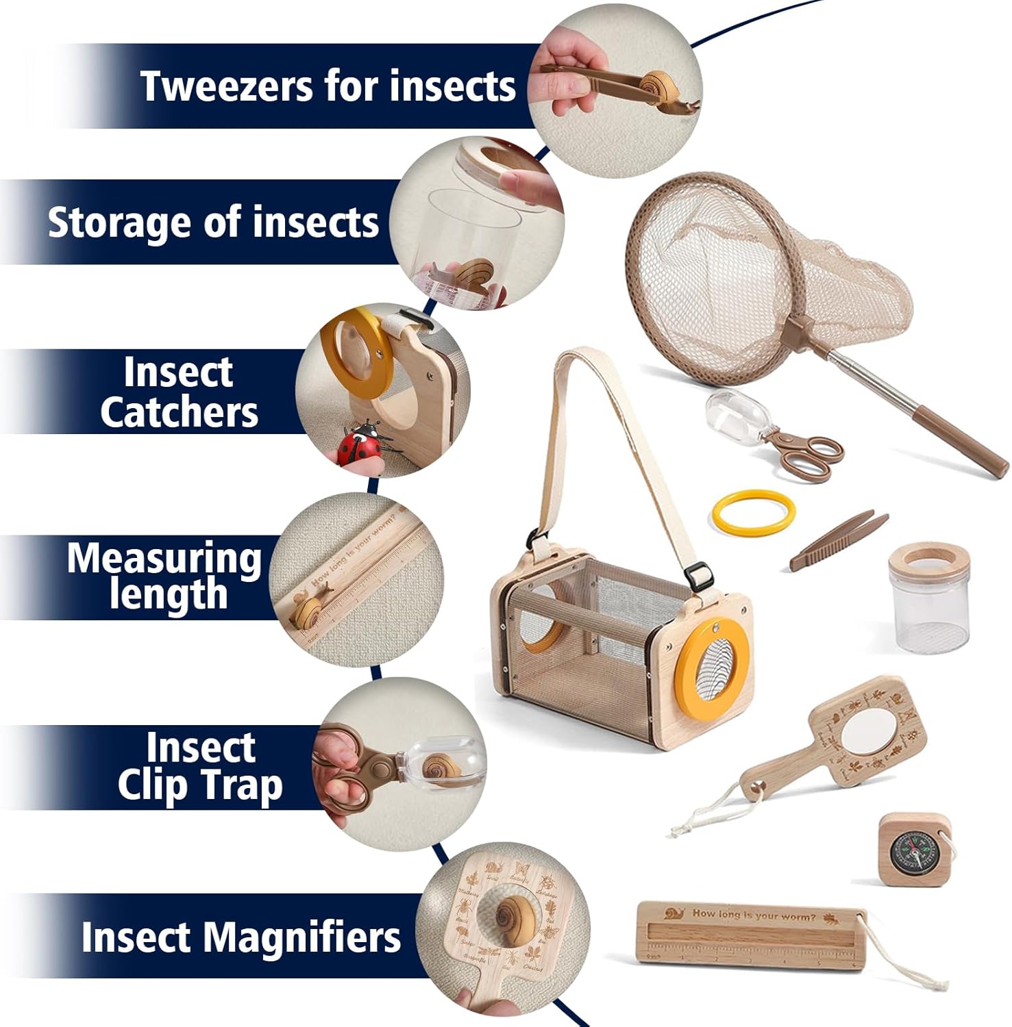 Bug Catcher for Kids 8Pcs Insect Exploration Kit with Butterfly Net Magnifying Glass Bug Habitat Tweezers Compass Outdoor Toys for Toddlers, Butterfly Kit