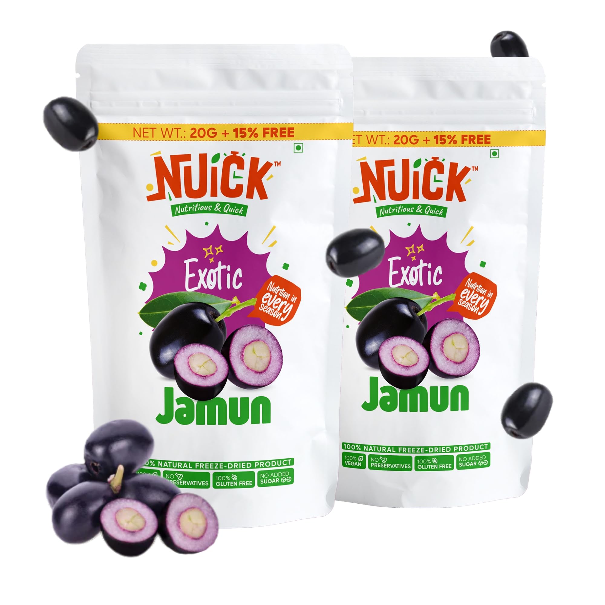 NUICK Freeze Dried Jamun | Pack of 2 | 100% Natural fruit, No Preservative, No Added Sugar, Not Frozen | Nutritious and Crunchy Snacks for Kids and Adults