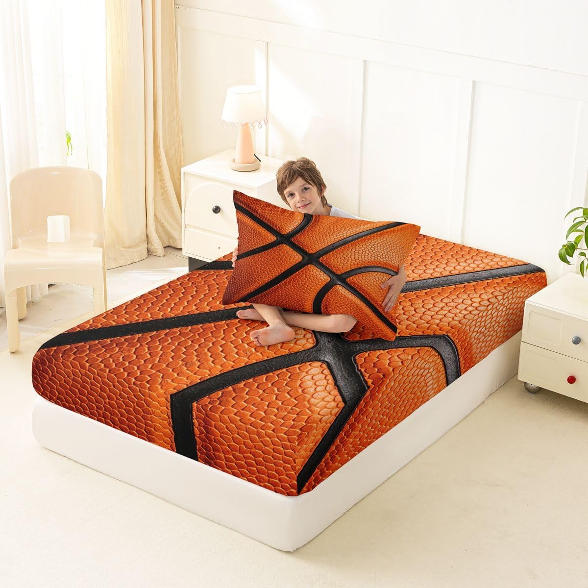 Erosebridal Basketball Fitted Sheet Twin Size Ball Games Bed Sheets 3D Simulated Basketball Print Bedding Set for Kids Boys Teens Ball Sports Theme Sheets