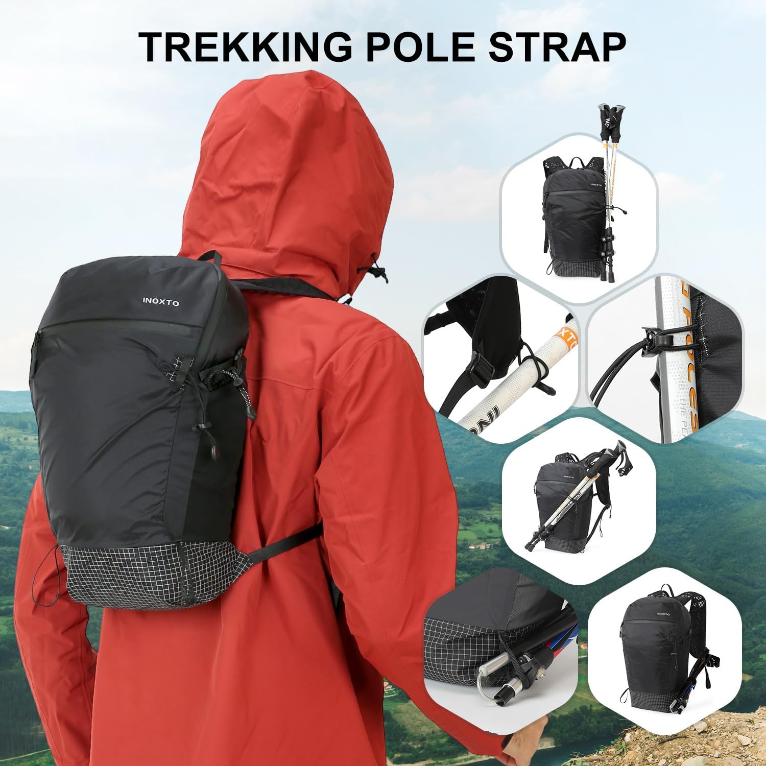IX INOXTO Hiking Backpack 15L/22L Ultra Lightweight Packable Travel Backpack Small Waterproof Foldable Outdoor Day Pack with Two 500ML Soft flasks for Men Women (Black)