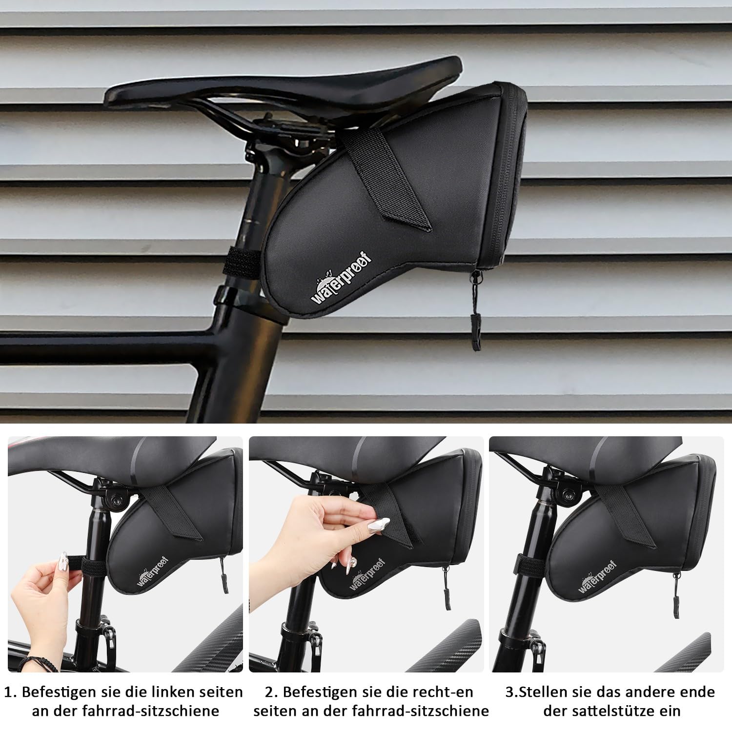 WOTOW Fahrrad Satteltasche - wasserdichte Satteltasche Rennrad klein, Fahrradtasche Sattel mit wasserdichtem Reißverschluss und Rücklichthaken für Outdoor MTB Rennrad, etc Lagerung(1,5 L)