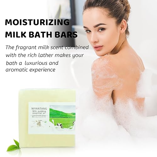 Miniatura 3 de yoniagood Paquete de 3 barras de jabón de leche de cabra natural para cara y cuerpo, barra de jabón de leche hecha a mano con aceite de coco, jabón
