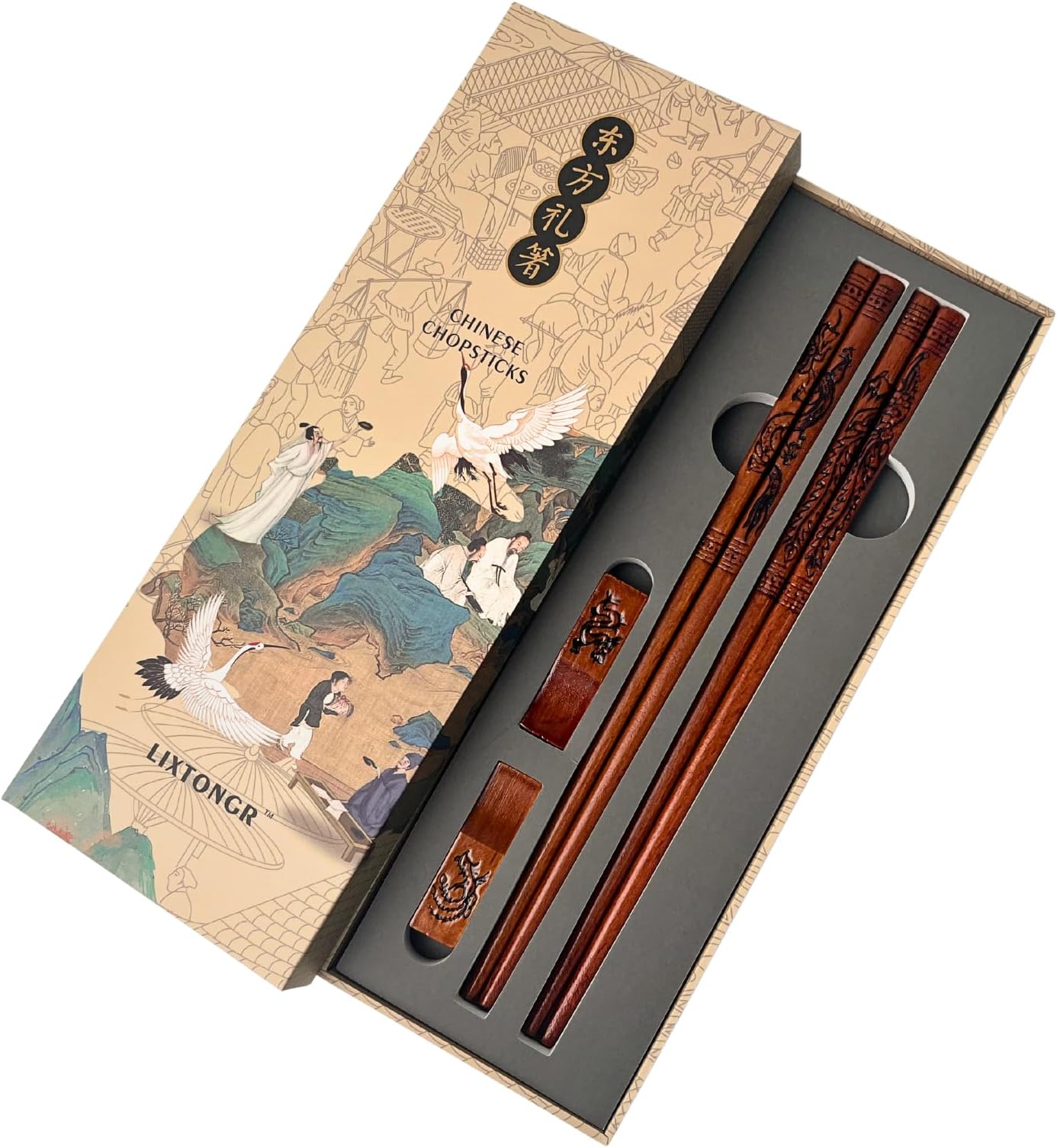 2 Pairs Reusable Wooden Chopsticks Set - Hand-Carved Dragon & Phoenix Design Food-Safe Non-Toxic Japanese Korean Chopsticks with Non-Slip Grip Asian Gift for Family Friends (9 Inch)