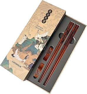 2 Pairs Reusable Wooden Chopsticks Set - Hand-Carved Dragon & Phoenix Design Food-Safe Non-Toxic Japanese Korean Chopsticks with Non-Slip Grip Asian Gift for Family Friends (9 Inch)
