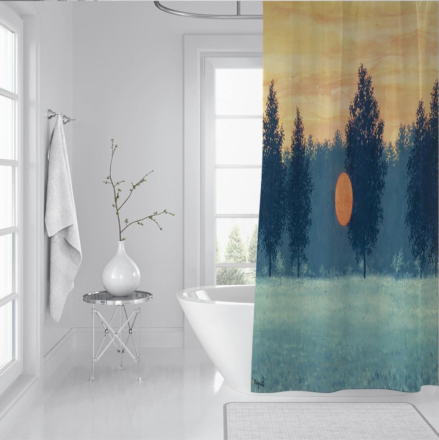 Magritte Surrealist Shower Curtain Forest Sunset Shower Curtain Liner Home Clean Bathroom Decor Waterproof Shower Curtain Set with Hooks W78 x L78(in)