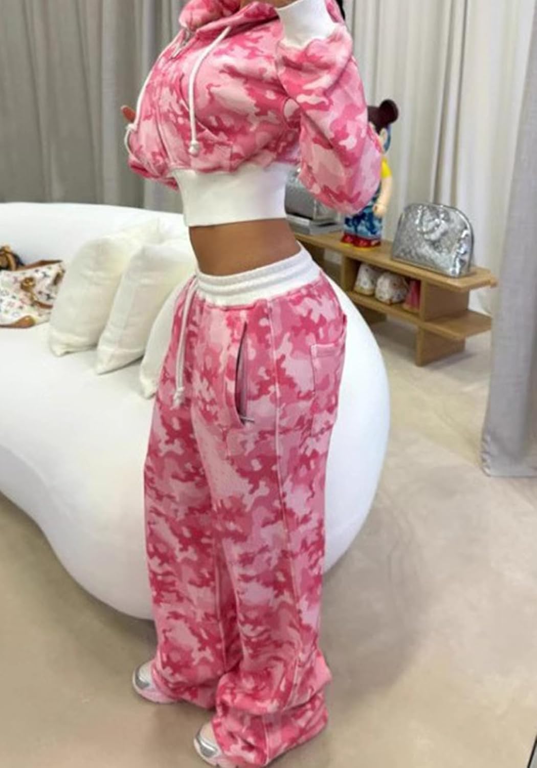 Sweatsuits Women 2 Piece Outfit Crop Camo Zip Up Hoodies Sweatshirt Y2k Camouflage Sweatpants Set Tracksuit