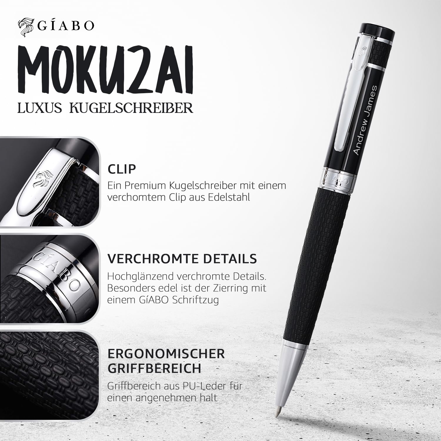 Gíabo Premium Kugelschreiber aus Edelstahl mit PU-Leder-Schaft und individueller Gravur | Hochwertiges Schreibgerät mit Etui – Ideal als persönliches Geschenk für Büro, Business und besondere Anlässe