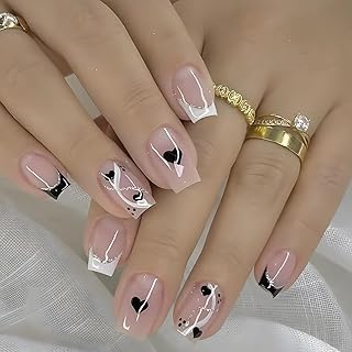 24 Pcs Valentines Square Press ons Short French Fake Nails Pink False Nails with Glitter Stripe Design for Valentine's Day Gift Heart Press on Nails Valentines Nails Glossy Glue on Nails for Women