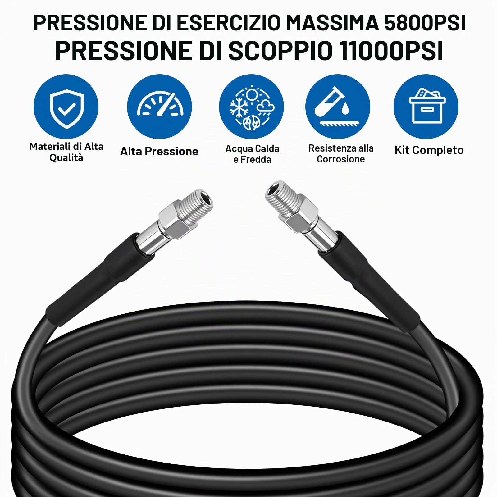 15M Tubo per Idropulitrice, 180Bar 60°C Sturatubi per Idropulitrici, Sonda Sturatubi Compatibile con Karcher K2-K7, Include 2 Adattatori, 3 Ugelli Ugelli Rigidi, 1 Rotanti, 2 Chiave e 2 Nastro Teflon