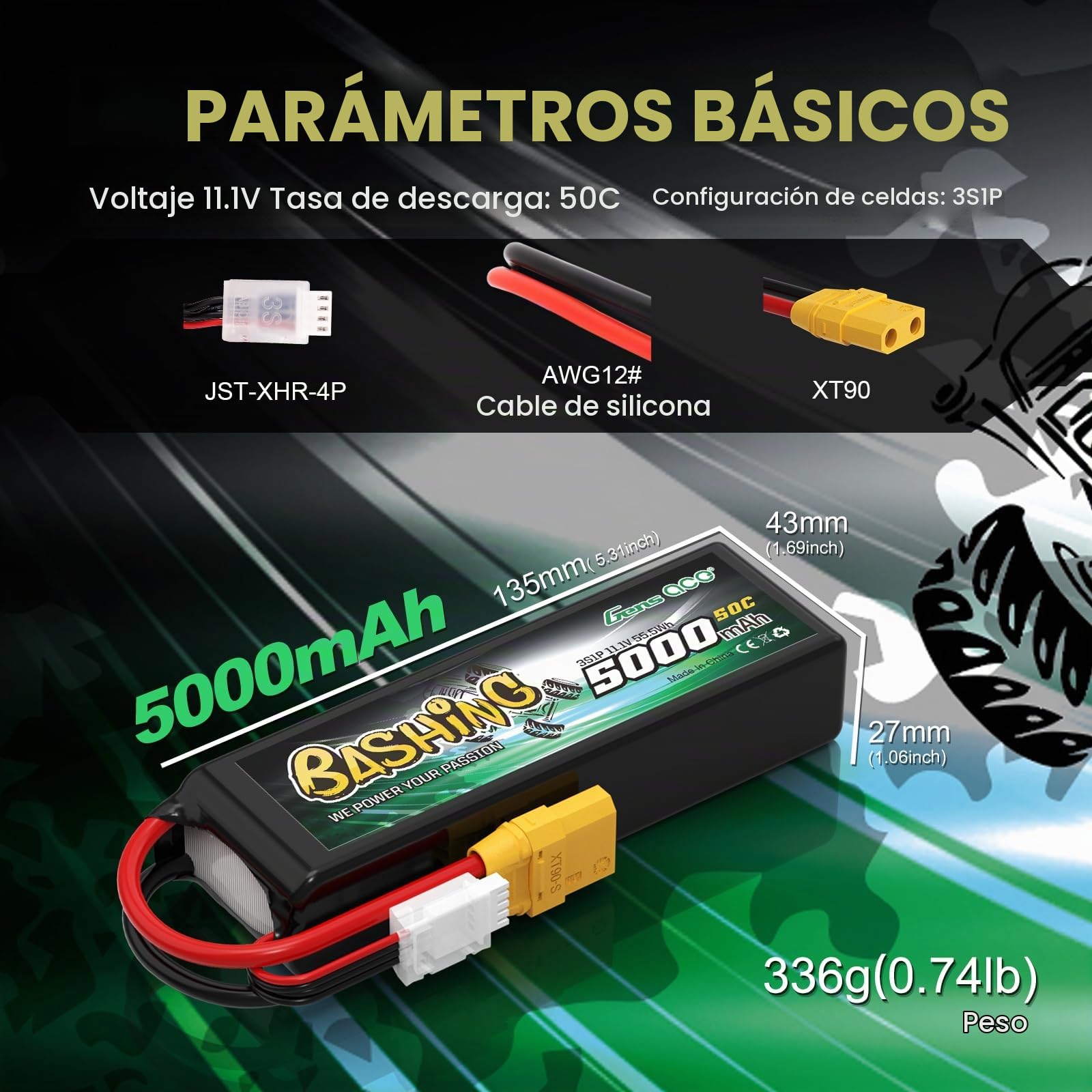 Gens ace 3S LiPo 5000mAh 11,1V 50C Batería con Conector XT90 para Helicópteros RC, Coches RC, Camiones, Barcos y vehículos RC a Escala 1/8 y 1/10