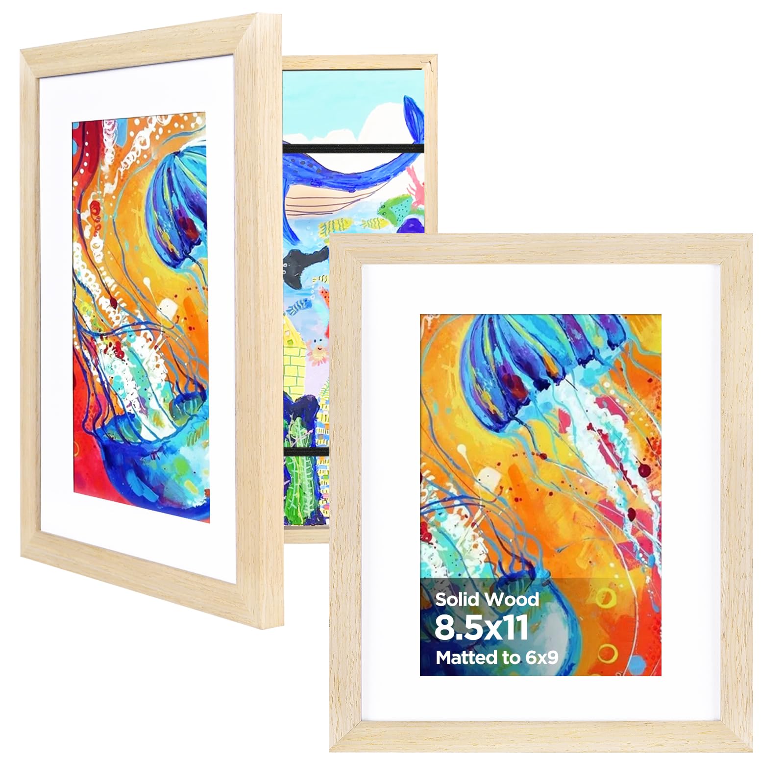 KINLINK 8.5x11 Kids Art Frame 2 Pack, Solid Wood Artwork Frames Changeable, Front Opening Hold 150 Pictures, Art Frames for Kids Artwork, 6x9 with Mat 8.5x11 without Mat, Picture Frames Natural