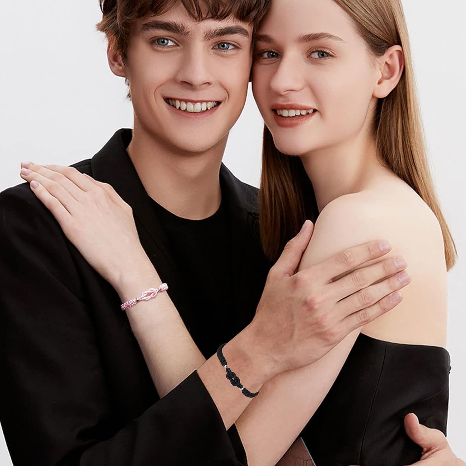 2Pcs Matching Bracelets for Birthday Gift, Pinky Promise Matching Bracelet Set Adjustable Nylon Cord Infinite Knot Friendship BFF Best Couple Relatives Relationship Jewelry Accessories, Black and Pink