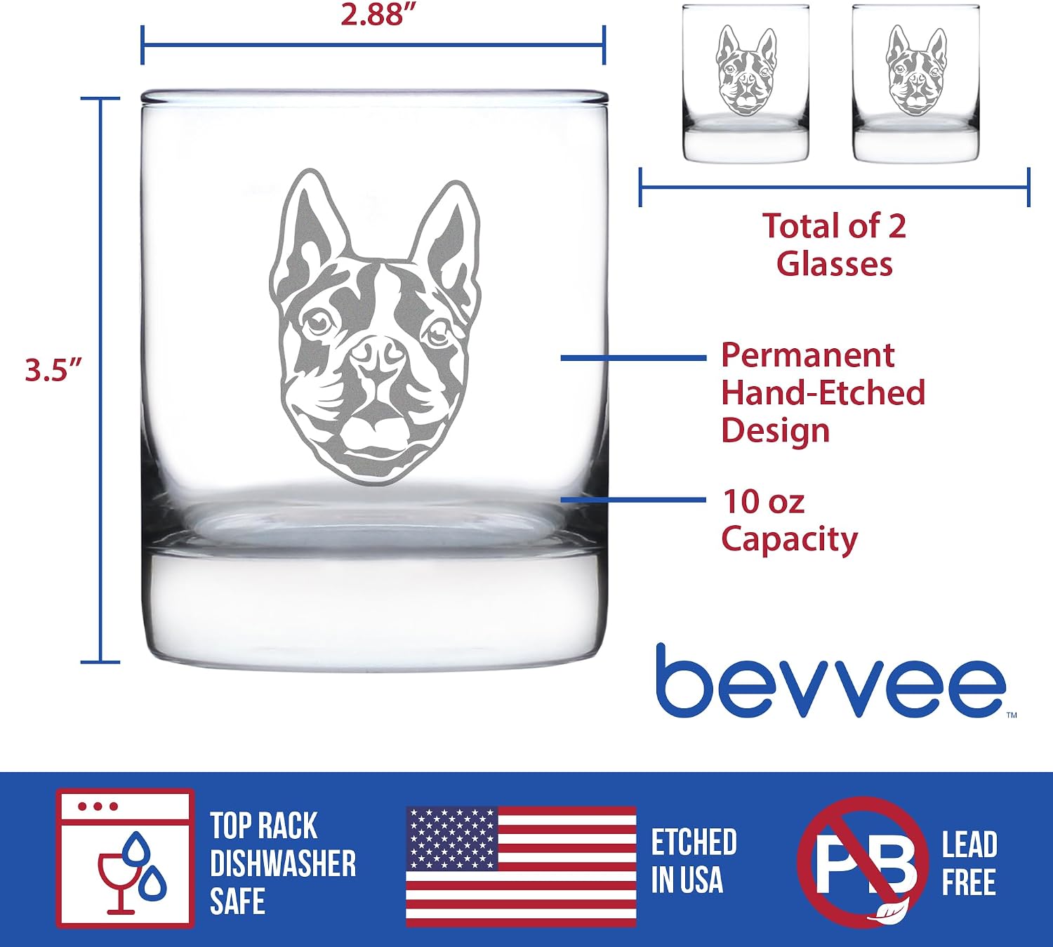 Boston Terrier Face Whiskey Rocks Glass - Unique Dog Themed Decor and Gifts for Moms & Dads of Boston Terriers - Set of 2-10.25 Oz