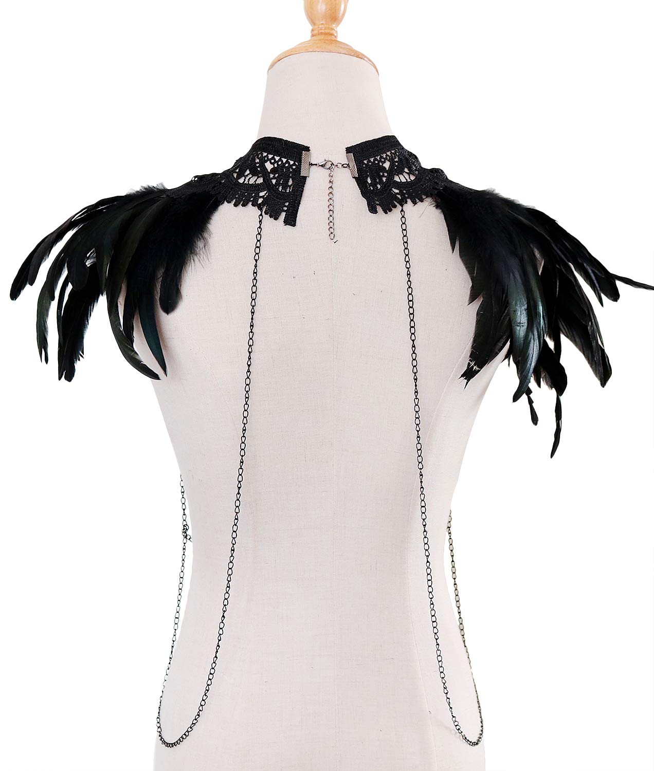 keland Gothic Black Feather Epaulette Cape Spitzenkörpergurt für Halloween-Party (Schwarz)