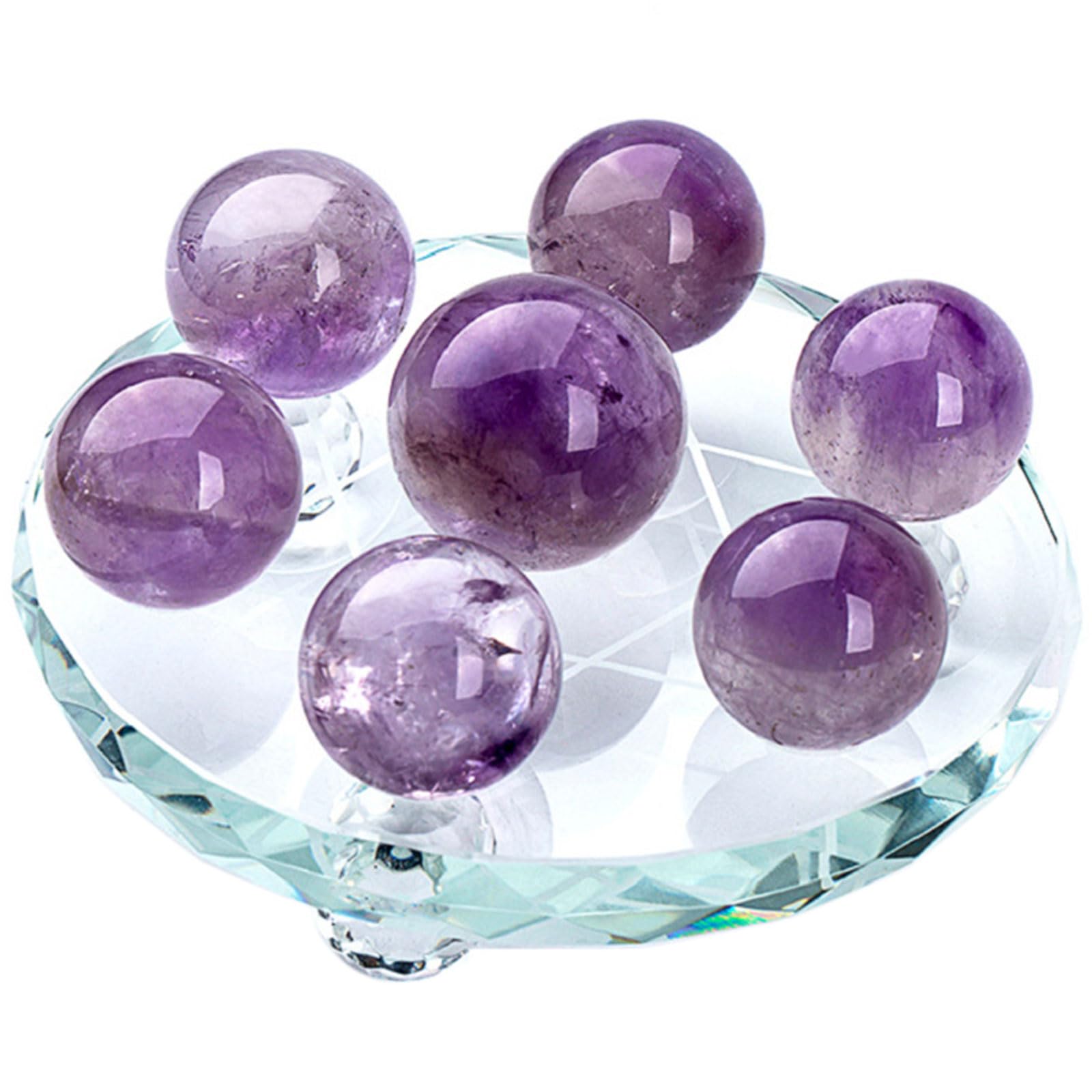 HHCTEBEC Amethyst Sphere 7 Set with Stand, Natural Crystal Chakra Healing Stones,Feng Shui, Meditation, Crystal Healing, Divination, Home Decoration,3.9in